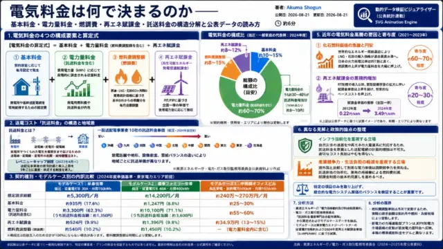 電気料金は何で決まるのか——基本料金・電力量料金・燃調費・再エネ賦課金・託送料金の構造分解と公表データの読み方の検証図解