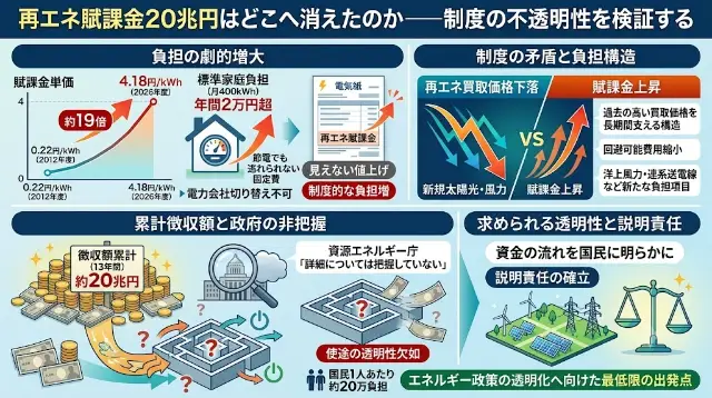 再エネ賦課金20兆円はどこへ消えたのか——制度の不透明性を検証するの分析図解