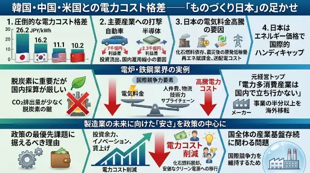 韓国・中国・米国との電力コスト格差——「ものづくり日本」の足かせの分析図解