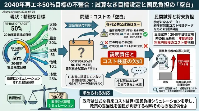 試算なき目標設定——2040年再エネ50%目標に電気料金の裏付けはあるのかの分析図解